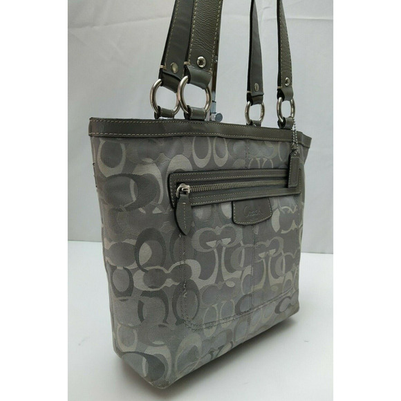 Coach Penelope Signature Gray Canvas Leather Trim Zipper Tote Shoulder Bag - Picture 3 of 13